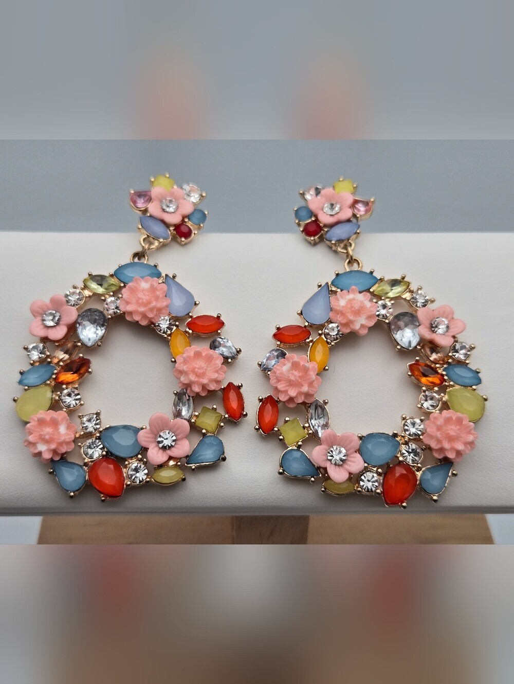 Crystal Floral Wreath Statement Earrings Multicolor Rhinestone Hoop 3"